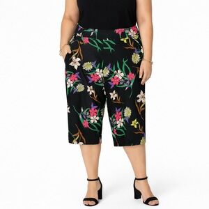 Worthington Woman Floral Capri Pants Black Multi Color Size 2X Cropped Wide Leg